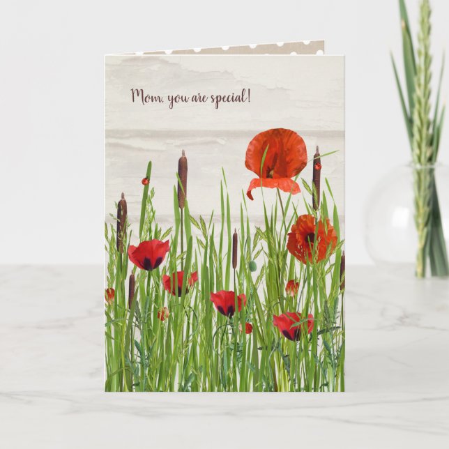 Ladybugs on Red Poppy for Mum Card (Front)