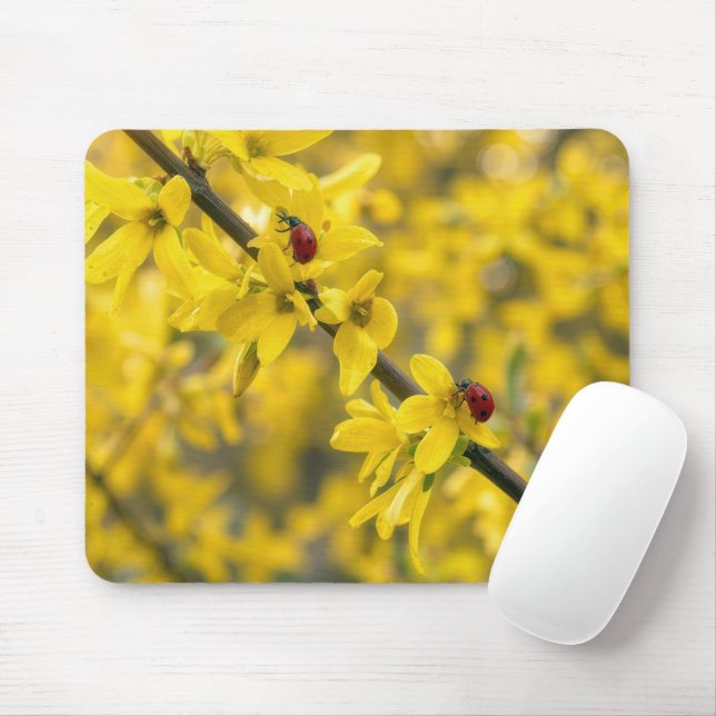Ladybugs on Yellow Forsythia Branch Mouse Pad (With Mouse)