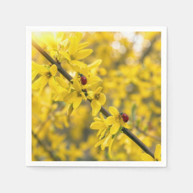 Ladybugs on Yellow Forsythia Branch Napkin (Front)