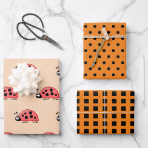 Ladybugs orange and black dots and squares wrapping paper sheet
