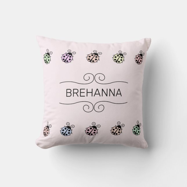 Ladybugs Pastel Multicolor Pattern on Pink Cushion (Front)