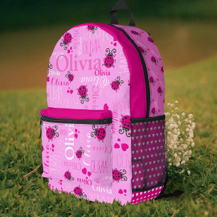 Ladybugs personalised name all over pink printed backpack