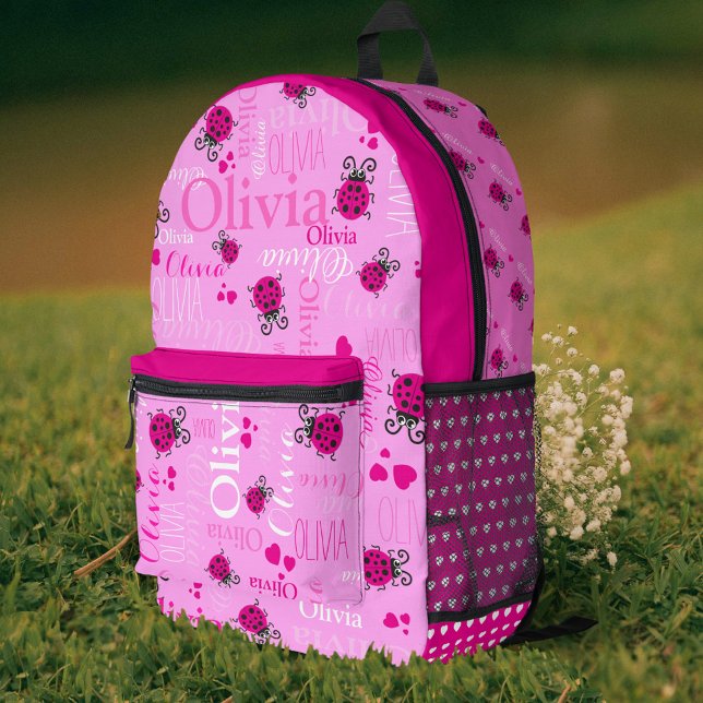 Ladybugs personalised name all over pink printed backpack (Creator Uploaded)