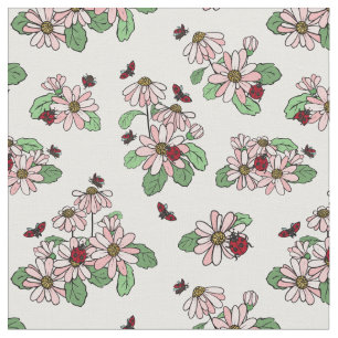 Ladybugs & Pink Daisies Floral Pattern Fabric