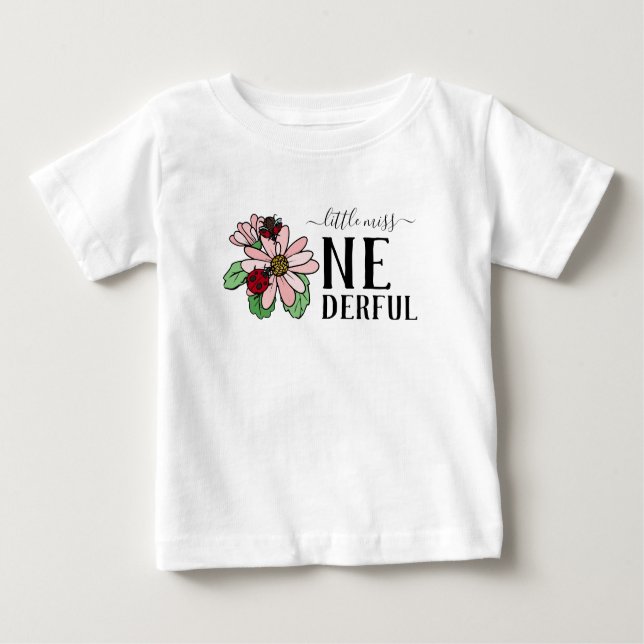Ladybugs Pink Daisies Little Miss Onederful Baby T-Shirt (Front)