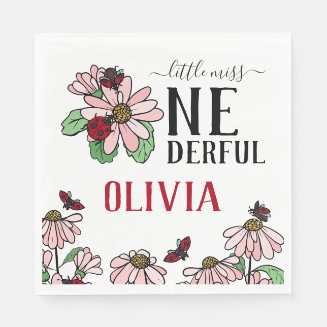 Ladybugs Pink Daisies Onederful Birthday Party Napkin (Front)