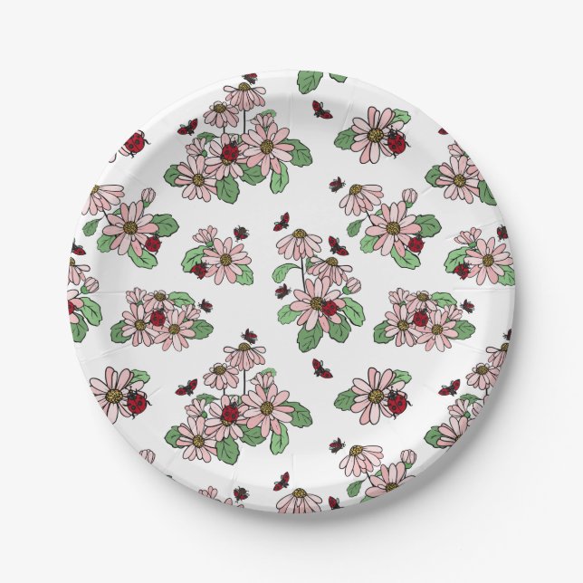 Ladybugs & Pink Daisies Pattern Paper Plate (Front)