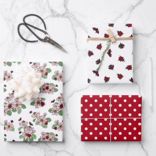 Ladybugs Pink Daisies Polka Dots Mixed Patterns Wrapping Paper Sheet