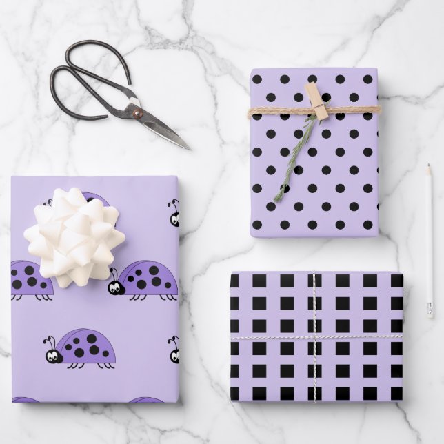 Ladybugs purple and black dots and squares wrapping paper sheet (Front)