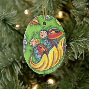 LADYBUGS RIDING ON FALLING AUTUMN LEAVES, FUN BUG CERAMIC TREE DECORATION