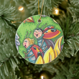 LADYBUGS RIDING ON FALLING AUTUMN LEAVES, FUN BUG CERAMIC TREE DECORATION