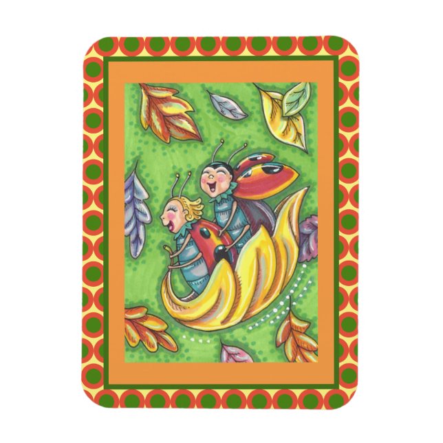 LADYBUGS RIDING ON FALLING AUTUMN LEAVES, FUN BUG MAGNET (Vertical)