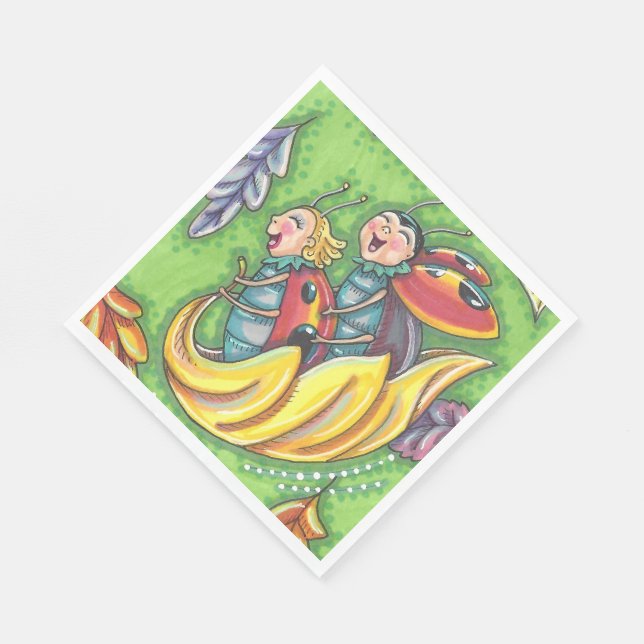 LADYBUGS RIDING ON FALLING AUTUMN LEAVES, FUN BUG NAPKIN (Corner)