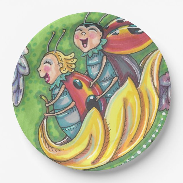 LADYBUGS RIDING ON FALLING AUTUMN LEAVES, FUN BUG PAPER PLATE (Front)