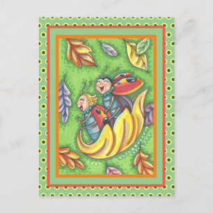LADYBUGS RIDING ON FALLING AUTUMN LEAVES, FUN BUG POSTCARD