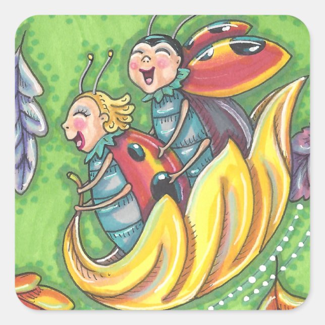 LADYBUGS RIDING ON FALLING AUTUMN LEAVES, FUN BUG SQUARE STICKER (Front)