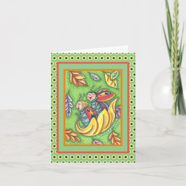 LADYBUGS RIDING ON FALLING AUTUMN LEAVES, FUN BUG THANK YOU CARD (Front)