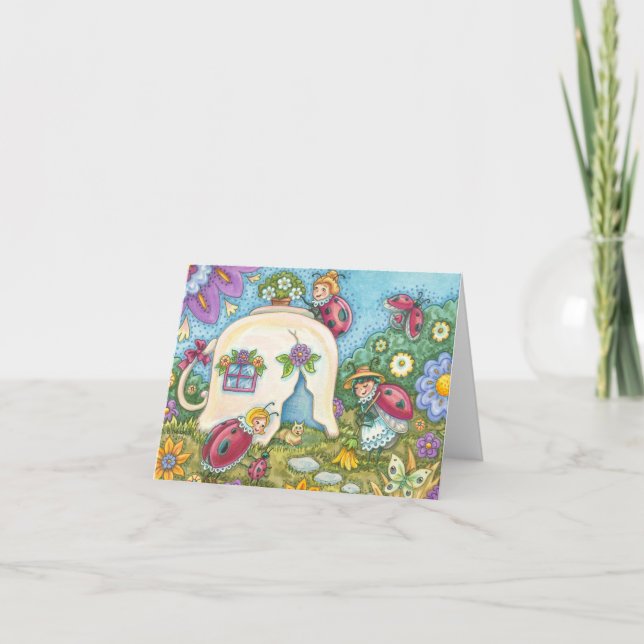 LADYBUGS TEACUP COTTAGE NOTE CARD Blank (Front)