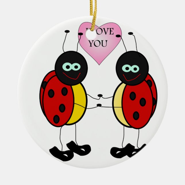 Ladybugs together holding hands in love ceramic tree decoration (Front)