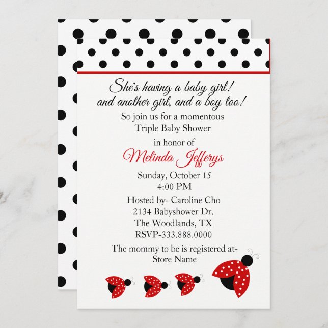 Ladybugs Triplets Baby Shower Invitation (Front/Back)