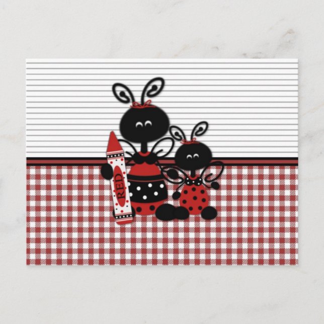 Ladybugs with Crayon Gingham Postcard (Front)