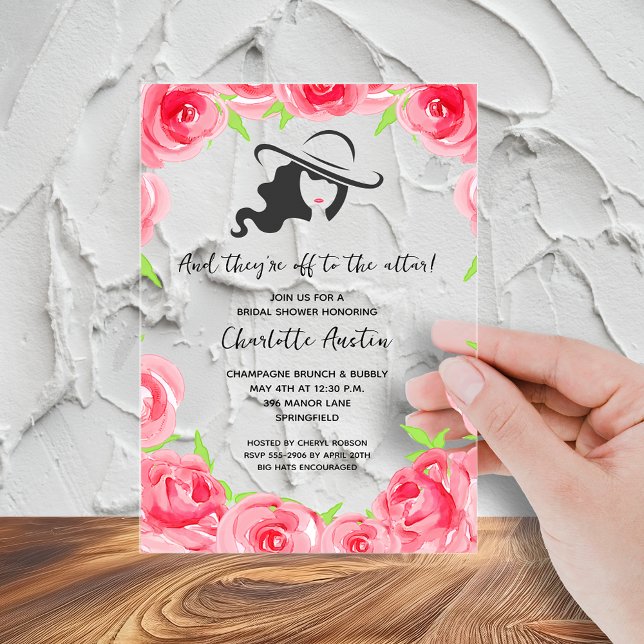 Lady's Big Hat Bridal Shower Acrylic Invitations (Big hat and roses off to the altar bridal shower acrylic invitations - order clear or frosted)