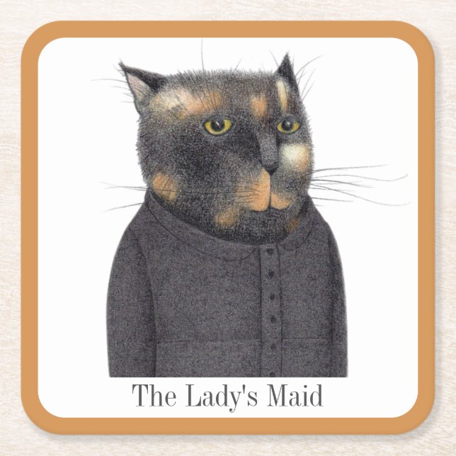 LADY'S MAID CAT Square Paper Coasters + Text (Front)