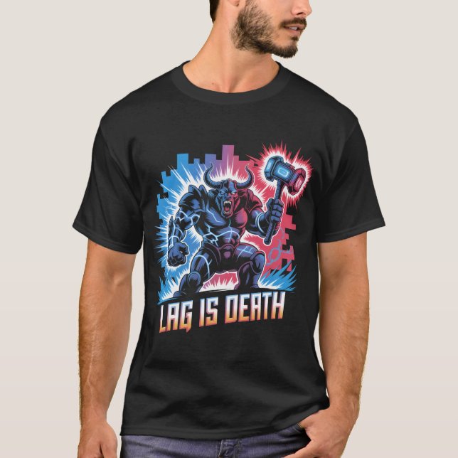 Lag Is Death Funny Gamer T-Shirt Cyberpunk Minotau (Front)