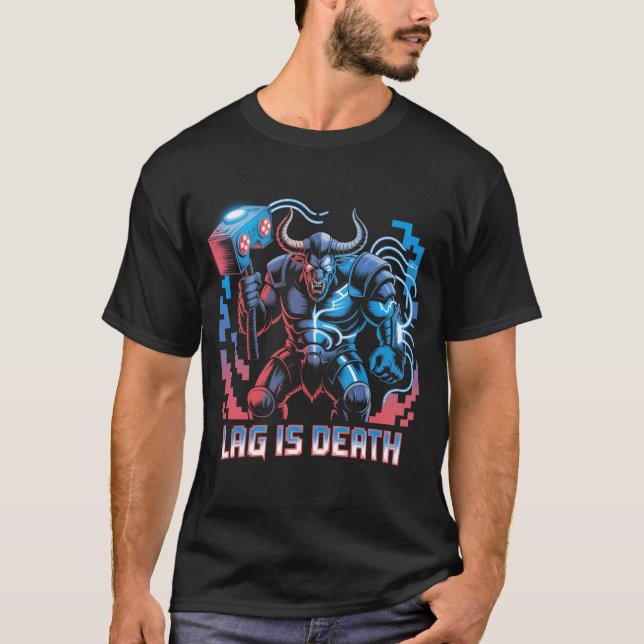 Lag Is Death Funny Gamer T-Shirt Cyberpunk Minotau (Front)