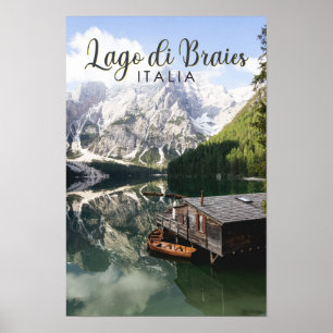 Lago di Braies Italy Travel Art Vintage Poster