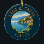 Lago di Garda Italia Retro Distressed Circle Ceramic Tree Decoration<br><div class="desc">Lake Garda vector art design. Lake Garda,  in northern Italy,  is known for its crystal clear water. At the south end,  the town of Sirmione is dominated by the Rocca Scaligera,  a fortress with harbour views.</div>
