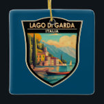 Lago di Garda Italia Travel Art Vintage Ceramic Ornament<br><div class="desc">Lake Garda vector art design. Lake Garda,  in northern Italy,  is known for its crystal clear water. At the south end,  the town of Sirmione is dominated by the Rocca Scaligera,  a fortress with harbour views.</div>