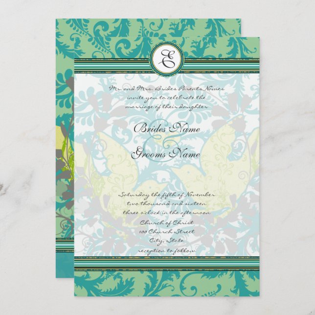 Lagoon Endive Vintage Love Birds Damask Wedding Invitation (Front/Back)
