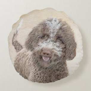 Lagotto Romagnolo Painting - Cute Original Dog Art Round Cushion