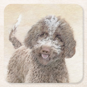 Lagotto Romagnolo Painting - Cute Original Dog Art Square Paper Coaster