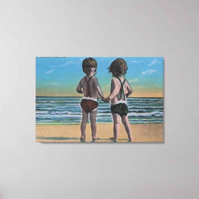 Laguna Beach, FL - Greetings From Scene w/ Kids Canvas Print (Front)
