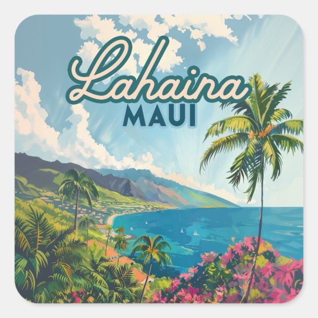 Lahaina Maui Hawaii Beach Coast Retro Square Sticker (Front)
