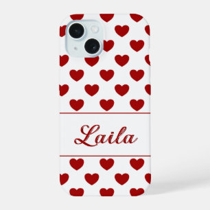 Laila - Custom Name - Red Hearts Polka Dot Pattern iPhone 15 Case