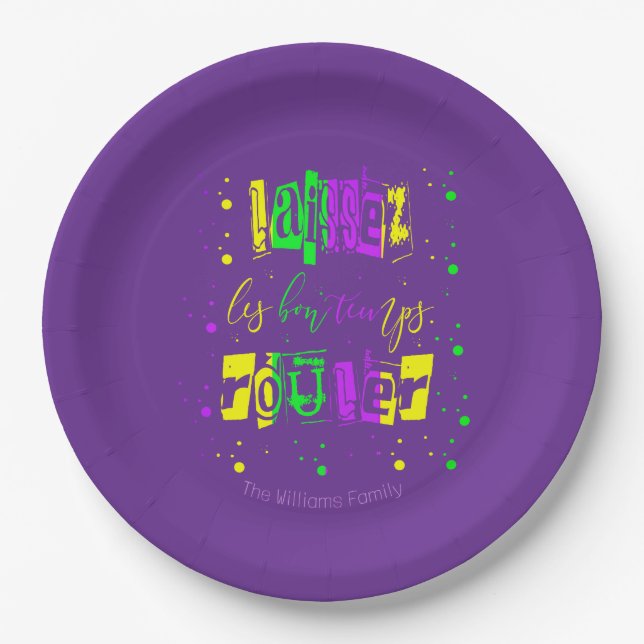 Laissez les bon temps rouler Typography Mardi Gras Paper Plate (Front)