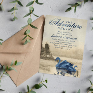 Lake Adventure Begins   Brown and Navy Baby Shower Invitation