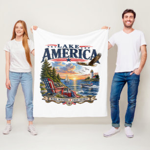 Lake America Sunset Patriotic Eagle Fleece Blanket