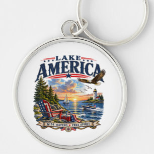 Lake America Sunset Patriotic Eagle Key Ring