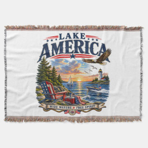 Lake America Sunset Patriotic Eagle Throw Blanket