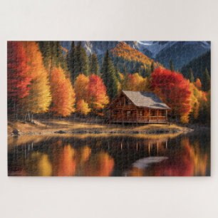 Lake and Cabin with Autumn Trees Jigsaw Puzzle