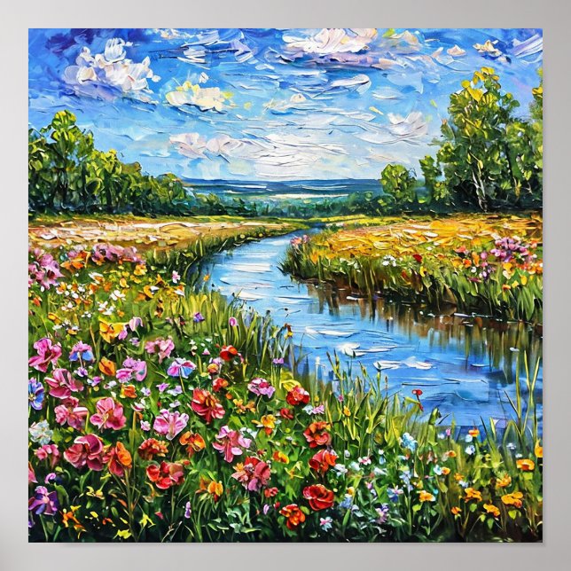 Lake and flowers field oil painting poster (Front)