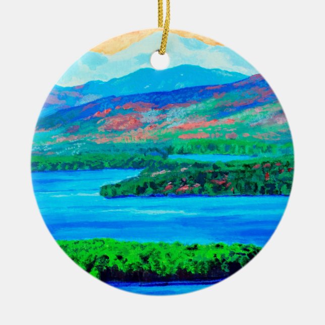 Lake and Mountains ceramic ornament, art, painting Tree Decoration (Front)