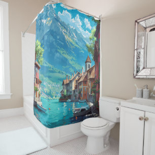 Lake Annecy France Art Vintage Illustration Travel Shower Curtain