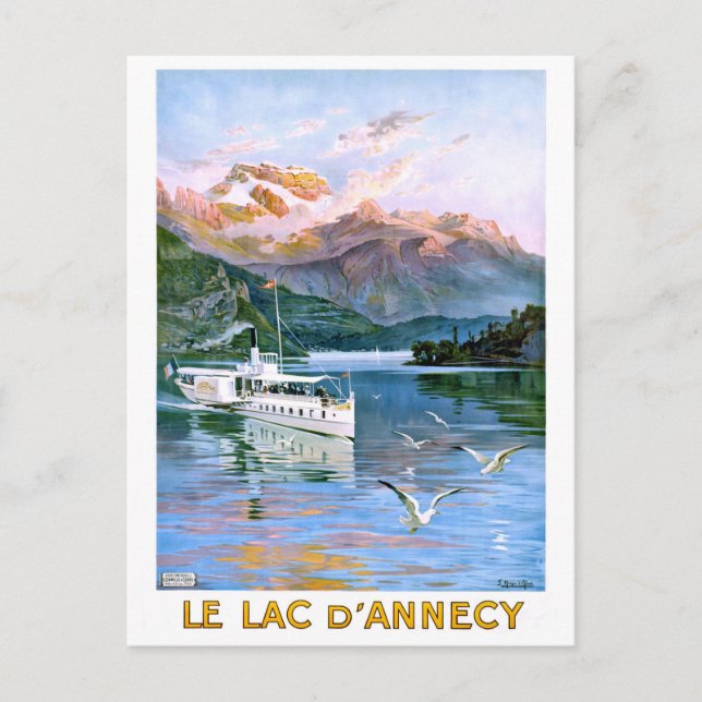 Lake Annecy, sailing ship, France, vintage travel Postcard (Front)