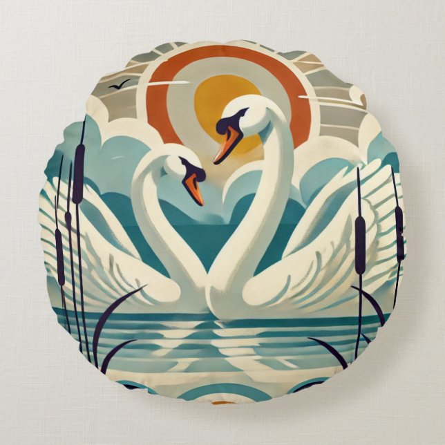 Lake Balaton  with swans  - retro style     Round Cushion (Front)