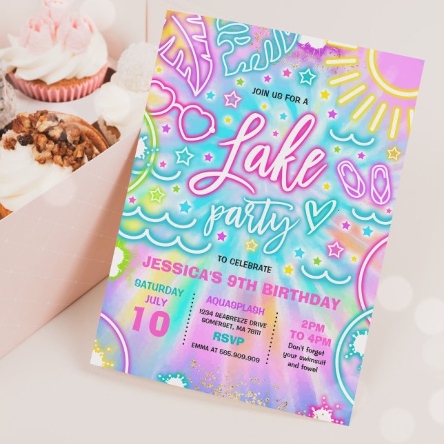 Lake Birthday Party Slide Splash Pad Tie Dye Glow Invitation (Creator Uploaded)